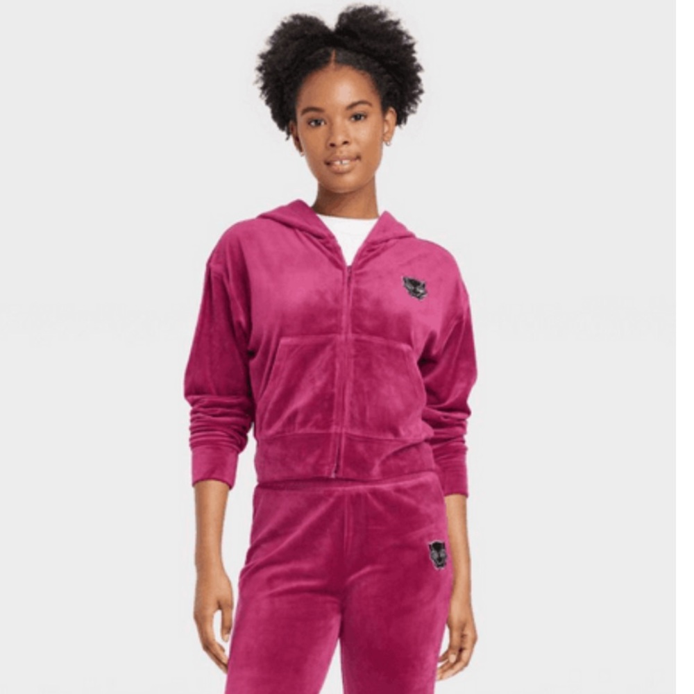 Wakanda Forever Black Panther Cropped Velour Hoodie in Burgundy